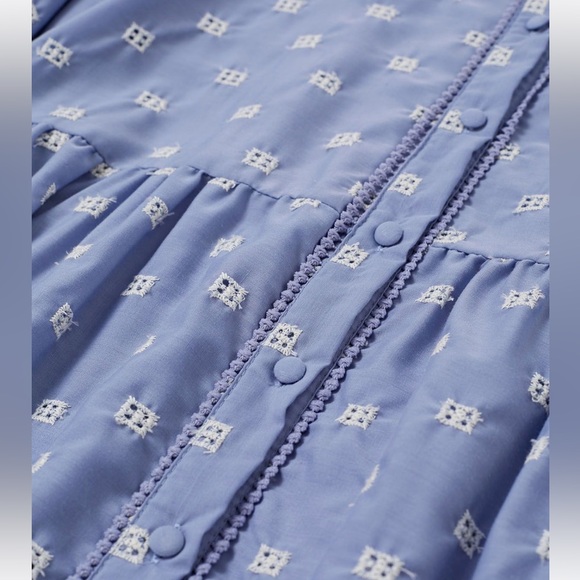 TIE-WAIST EYELET EMBROIDERED COTTON SHIRT DRESS IN BLUE - Picture 7 of 12